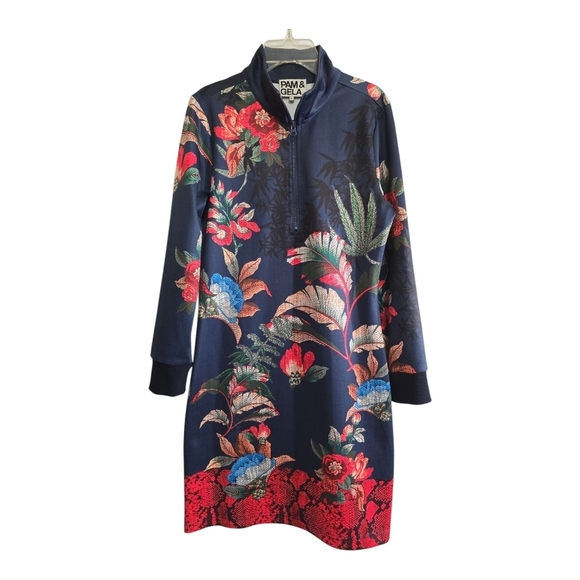 Pam & Gela Bye Birdie Track Dress Medium  Neoprene Long Sleeves Tropical Print - Picture 5 of 11